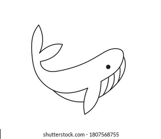 Vector isolated cute cartoon small whale doodle drawing. 
Colorless black and white contour whale simple one line contour drawing. 