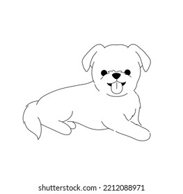 Vector isolated cute cartoon small lying smiling lapdog with tongue hanging out colorless black and white contour line easy drawing