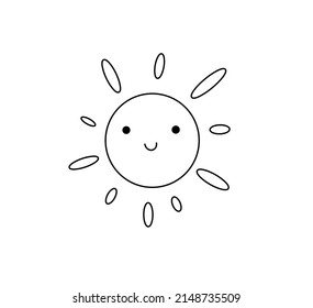 Vector aislado lindo dibujo de dibujos animados sonrientes sol con rayos ovales color negro y blanco línea de contorno dibujo de doodle