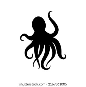 Vector isolated cute cartoon smiling octopus with eight long tentacles black outline silhouette shadow