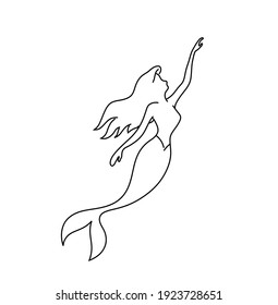 Vector isolated cute cartoon swimming up mermaid contour drawing. Colorless faceless mermaid line tattoo sketch.