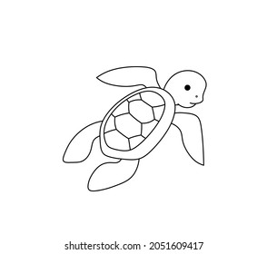 Vector isolated cute cartoon swimming sea turtle contour line drawing. Marine turtle, caretta-caretta, baby turtle drawn colorless coloring page 