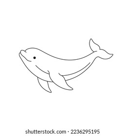 Vector isolated cute cartoon swimming floating smiling dolphin  colorless black and white contour line easy drawing
