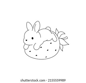 Vector isolated cute cartoon tiny rabbit with big strawberry contour line drawing. Colorless black and white funny bunny outline doodle sketch