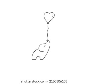 Vector isolated cute cartoon tiny elephant with ballon on a string in its trunk colorless black and white contour line drawing