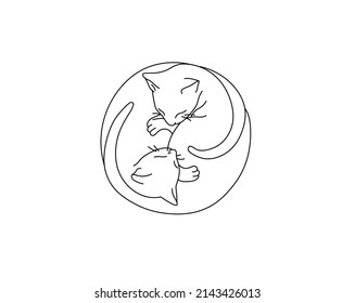 Vector isolated cute cartoon two cats sleeping in waltz position like ying yang colorless black and white contour line doodle drawing