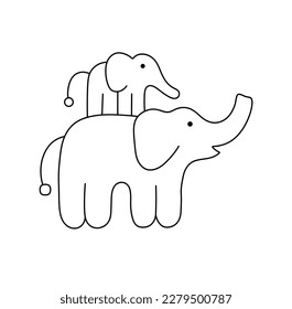 Vector isolated cute cartoon two elephants family big elephant and baby elephant standing top another eleohant colorless black   white contour line easy drawing