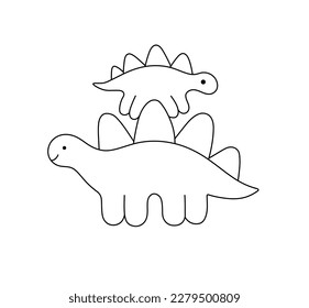 Vector isolated cute cartoon two dinos family big dino dinosaur and baby dino standing top another dinosaur colorless black   white contour line easy drawing
