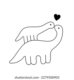 Vector isolated cute cartoon two dinos family big dino dinosaur and baby dino standing top another dinosaur colorless black   white contour line easy drawing