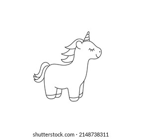 Vector isolated cute cartoon unicorn kids toy colorless black and white contour line drawing