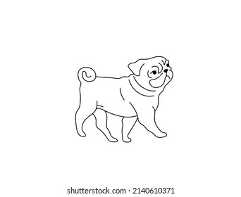 Vector isolated cute cartoon walking pug dog colorless black and white contour line doodle drawing