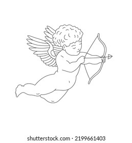 Vector Isolated Cute Cartoon Well Fed Flying Winged Cupid Shooting An Arrow Colorless Black And White Contour Line Easy Drawing