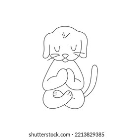 Vector isolated cute cartoon yoga dog sitting in lotus pose colorless black and white contour line easy drawing