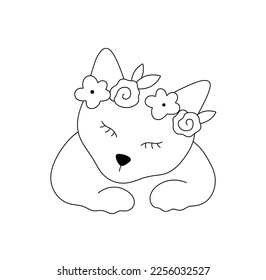 Vector isolated cute cat in flower wreath on hand portrait drawing colorless black and white contour line easy drawing