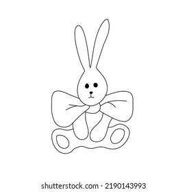 Vector isolated cute catroon rabbit hare toy with big bow ribbon on neck colorless black and white contour line easy drawing