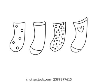 Vector isolated cute children's socks set with pattern polka dot heart stripe colorless black and white contour line easy drawing