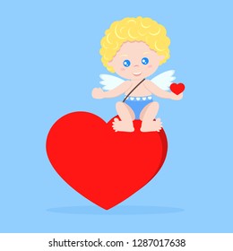 Vector isolated cute cupid boy in flat cartoon style. Cupid in sitting pose on heart with heart on hand. Happy Valentine's Day. Element for graphic design. Cartoon sweet character illustration.
