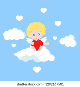 Vector isolated cute cupid in flat cartoon style. Cupid sits on cloud with heart in hands. Happy Valentine's Day. Element for graphic design. Cartoon character illustration.