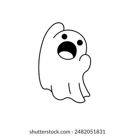 Vector isolated cute flying ghost under a sheet character colorless black and white contour line easy drawing	