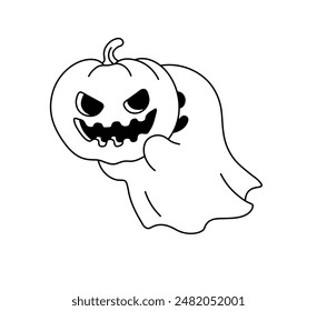 Vector isolated cute flying ghost with pumpkin halloween character colorless black and white contour line easy drawing	
