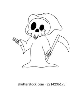 Vector isolated cute funny cartoon death skeleton in a hoodie with a scythe colorless black and white contour line easy drawing