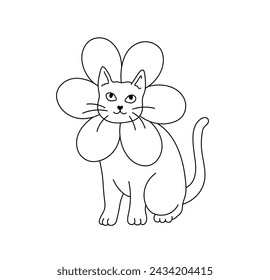 Vector isolated cute funny cat in flower costume colorless black and white contour line easy drawing	