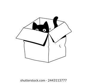 Vector isolated cute funny cat sitting inside cardboard box colorless black and white contour line easy drawing	