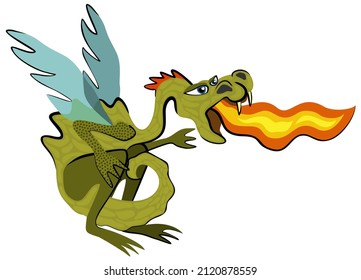 Vector isolated cute illustration of dragon with fire from the mouth.
