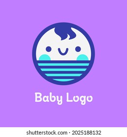 Vector isolated cute logo with a baby infant smiling in striped on violet background. Lovely logotype for a children store or reproductive medicine. Happy kid greeting card illustration.