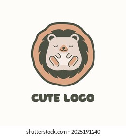 Vector isolated cute logo with a brown baby hedgehog sleeping in nest on white background. Lovely logotype for a children, pet store or reproductive medicine. Happy animal greeting card illustration.