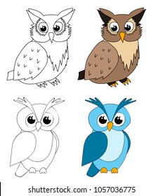 vector, isolated, cute owl character, cartoon, coloring book