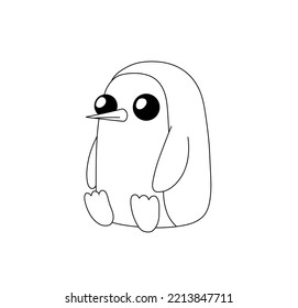 Vector isolated cute sitting penguin and big black eyes cartoon character colorless black   white contour line easy drawing
