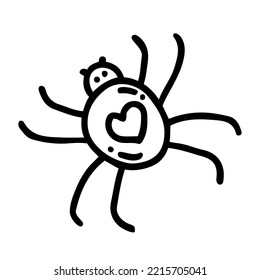 Vector isolated cute spider with heart picture illustration in doodle style