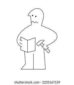 Vector isolated cute stick figure man builder with hammer and instruction colorless black and white contour line easy drawing