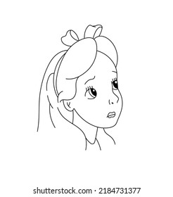 Vector isolated cute vintage cartoon girl with ribbon bow on head portrait colorless black and white contour line drawing