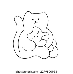 Vector isolated cutecartoon cat and sleeping kitten colorless black   white contour line easy drawing