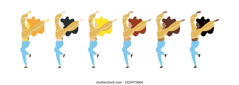 Vector isolated dancing woman flat illustrations. Dancing woman set with skin tones