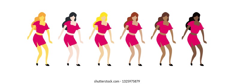 Vector isolated dancing woman flat illustrations. Dancing woman set with skin tones