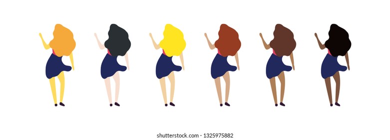 Vector isolated dancing woman flat illustrations. Dancing woman set with skin tones