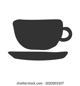 Vector isolated dark grey concept of handmade ceramic cup for tea or other drinks. Hand drawn craft earthenware made in pottery wheel. Symbol of cafe or coffee house. White background