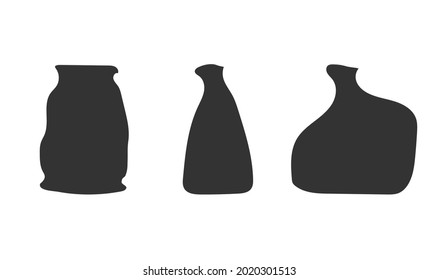 Vector isolated dark grey illustration of handmade ceramic vases. Hand drawn craft earthenware made in pottery wheel. Primitive shapes of wine decanter, oil bottle, pot. White background