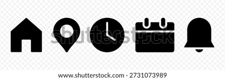 Vector isolated Date, Time, and Location icon set in black fill