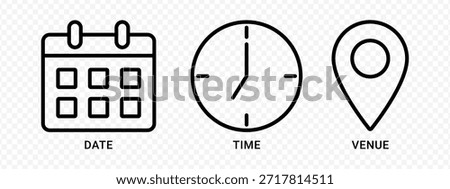 Vector isolated Date, Time, and Venue icon set in black outline