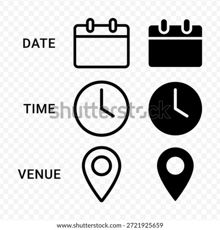 Vector isolated Date, Time, and Venue icon set in black outline and fill