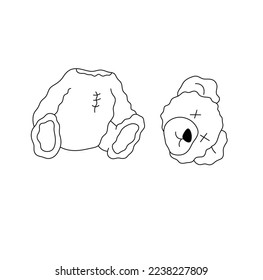 Vector isolated dead teddy bear toy and the severed head  colorless black   white contour line easy drawing