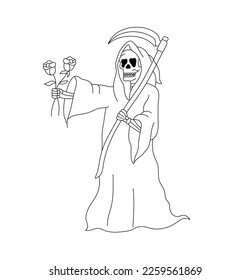 Vector isolated death dead man in hoodie and scythe   two flowers in hand  colorless black   white contour line easy drawing