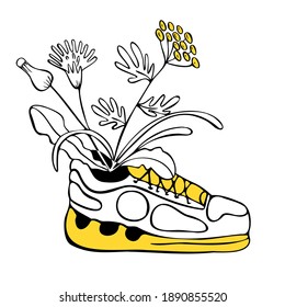 Vector isolated, decorative, abstract illustration drawn, doodles with image of sports shoes with plants, flowers. Concept sportswear, romance.