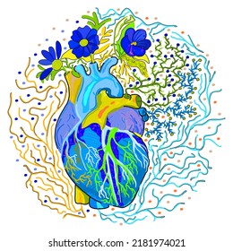 Vector Isolated Decorative Illustration Of Anatomical Heart With Flowers.