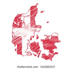 Vector of isolated Denmark map with the flag. Engraving style hatching pen pencil painting illustration concept.