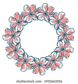 Vector isolated design botanical cute garland floral vignette in pastel pink and blue colors. Cute circle frame on a white background. Perfect for cards, postcards, wedding and graduation invitations